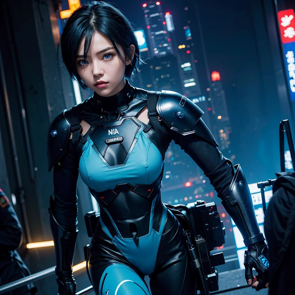 cute ninja cyborg girl,cyberpunk,cyborg suit with blue neon highlight,old hongkong city,short hair,blue eyes,