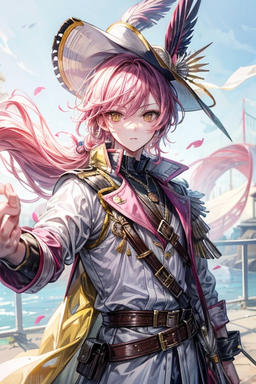 (masterpiece, best quality, perfect face, expressive eyes), 1boy, (anime), (adult), pink hair, (yellow eyes), feather hat,, musketeer outfit, fencing cape