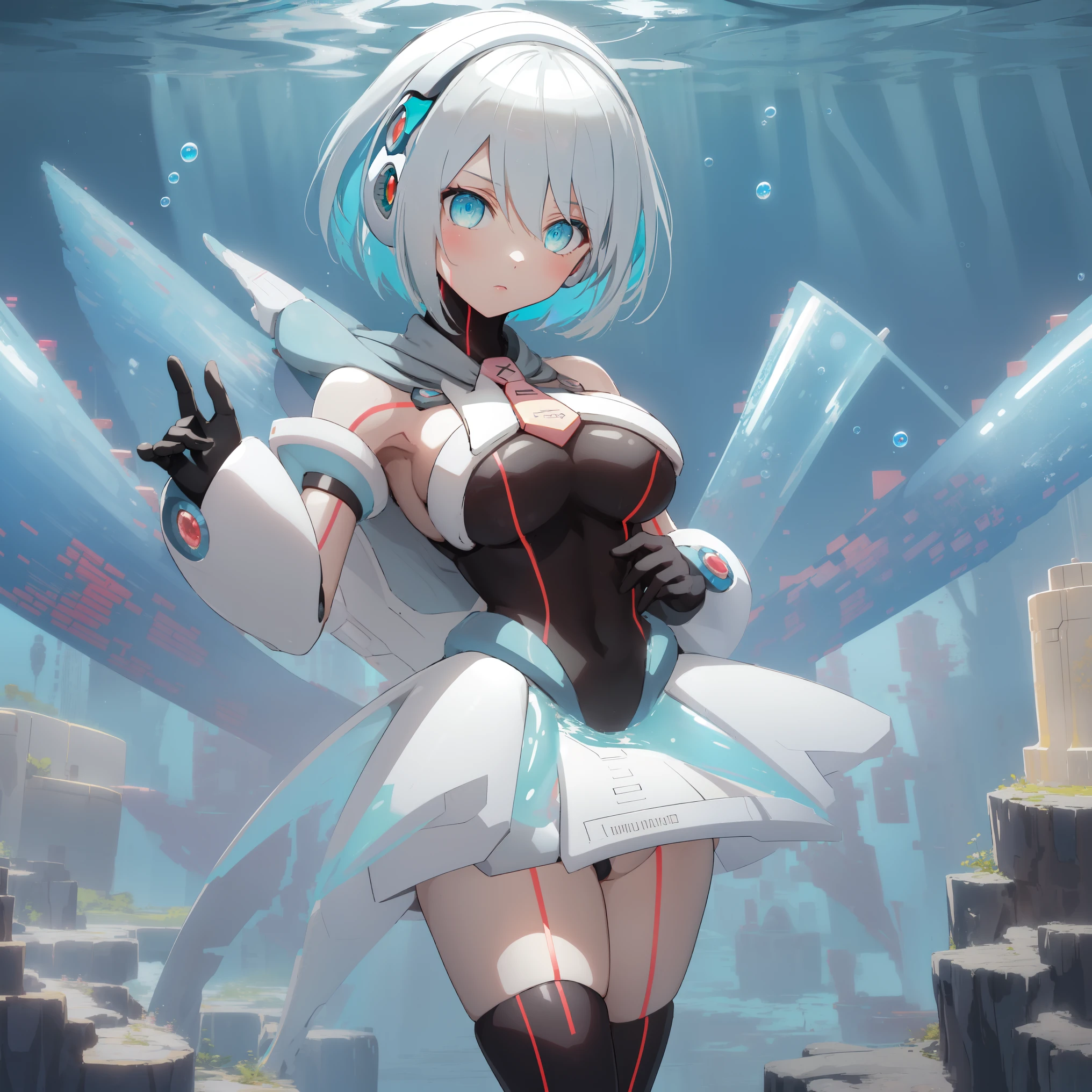 ico_megamanxdive, 1girl, blue eyes, solo, white hair, android, large breasts, black gloves, short hair, thighhighs, necktie, high quality, masterpiece, standing in an underwater city with lots of bubbles, in the style of yuumei, intricate architectures, indigo, miniature illumination, daniel f. gerhartz