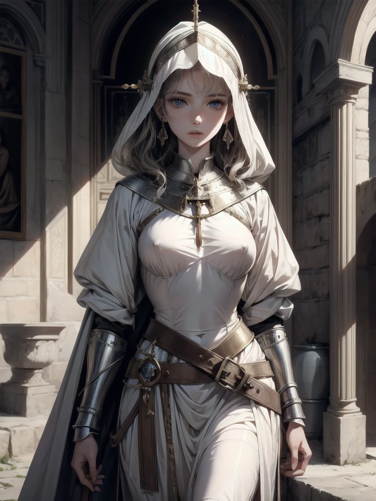 whole body, Joan of Arc, absurdres, RAW photo, extremely delicate and beautiful, masterpiece, Best Quality, ultra high resolution, 32k, hyperrealistic, ultra-detailed, perfect figure, detailed description, pale skin, 20 years old, detailed beautiful face and eyes, tearful mole, earring, short medium hair, wavy hair,