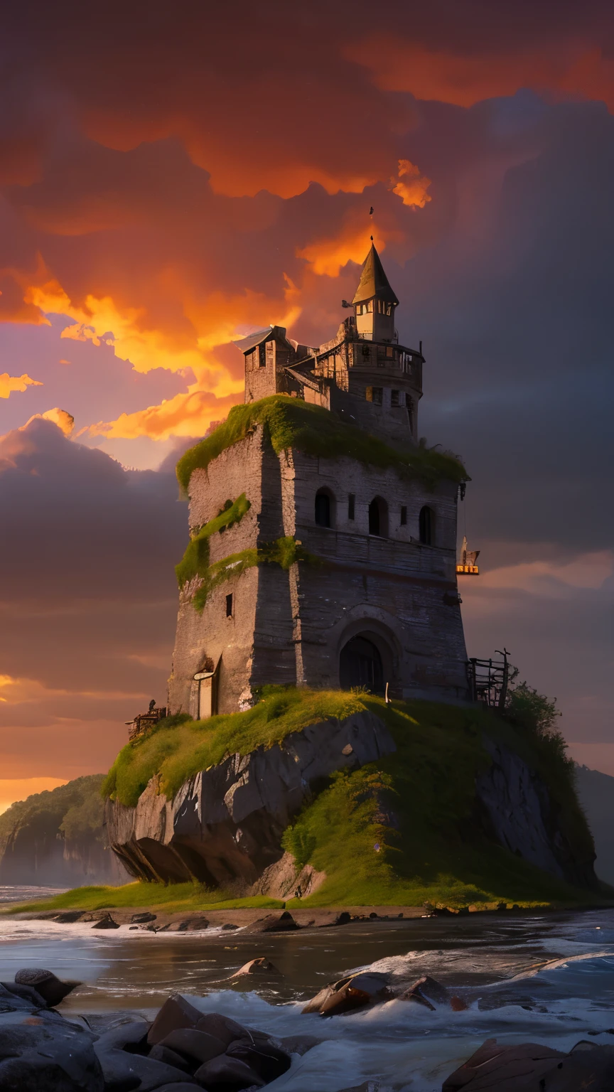 steampunkai。(Floating rock mountain)。(There is a small fort in the style of medieval Europe.)。The background is the evening sky and dark red clouds。