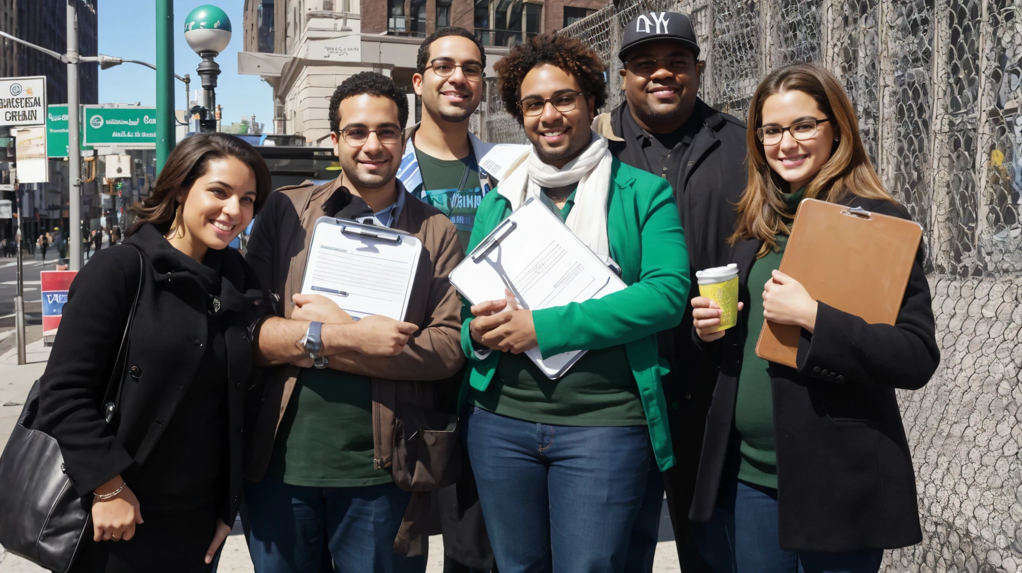 Attractive white people holding clipboards and smiling while standing on a New York City sidewalk. The people are standing left to right, Hispanic woman, White male, tall Arab man, pretty black woman, fat old black man and a =beatiful white femail. All the peple are holding clip boards to get signatures for Green Party candidates to be on the New York State ballot