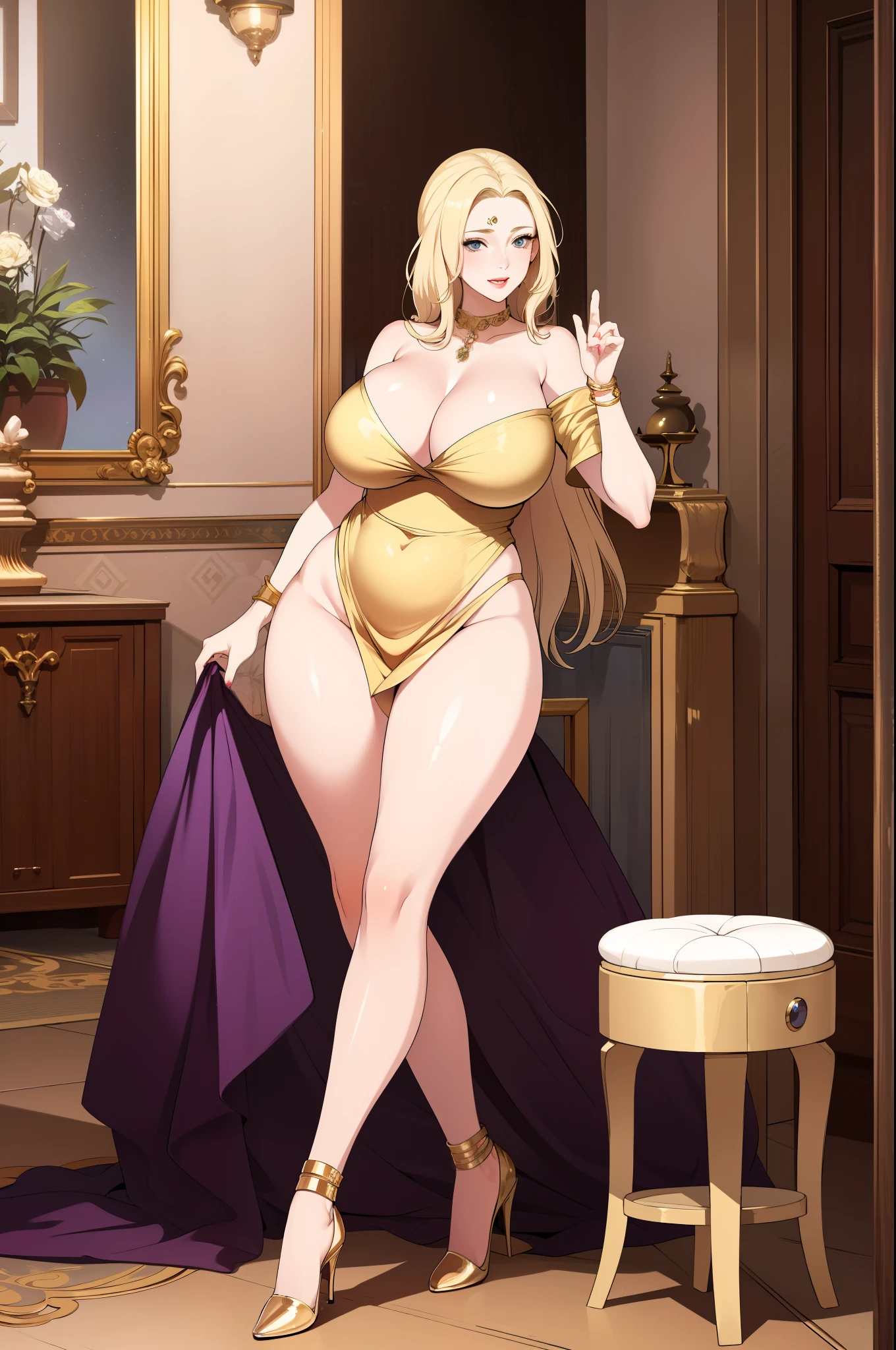 An extremely beautiful busty woman, with gold blonde long silky hair, blue eyes, extremely super bright snow white fair stunning flawless glowing lush shiny white skin, and complexion, a perfect tight hourglass figure, a thick plump ass, cleavage, and perfect hips, wearing a long loose purple revealing floral dress with a white off-the-shoulder cardigan, yellow heels, jewelry on the neck, gold bangles on her wrist, and gold anklets on her leg, a cute adorable smile on lips, pink lips, pink nails, red rose on hair bun, standing straight, hands joined together, looking at the viewer, big wooden living room in the background with cozy interior, show full body from head to feet.
