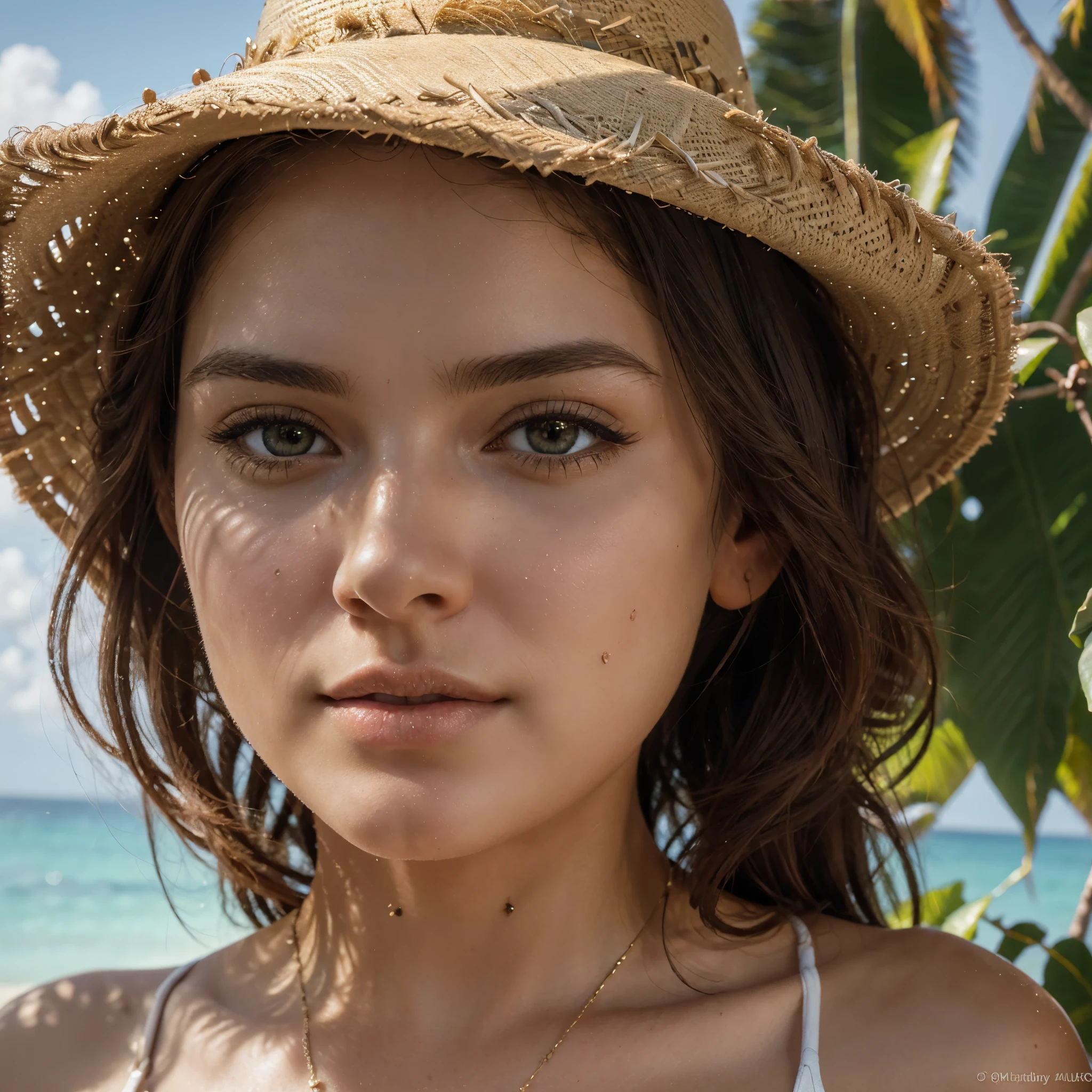 beautiful detailed eyes, beautiful detailed lips, extremely detailed eyes and face, long eyelashes, 1girl, beautiful woman, elegant woman, fashionable woman, summer dress, straw hat, sunglasses, tropical beach, palm trees, ocean, waves, sandy beach, golden hour lighting, serene, tranquil, picturesque, cinematic, warm colors, (best quality,4k,8k,highres,masterpiece:1.2),ultra-detailed,(realistic,photorealistic,photo-realistic:1.37),HDR,UHD,studio lighting,professional,vivid colors,bokeh,photography