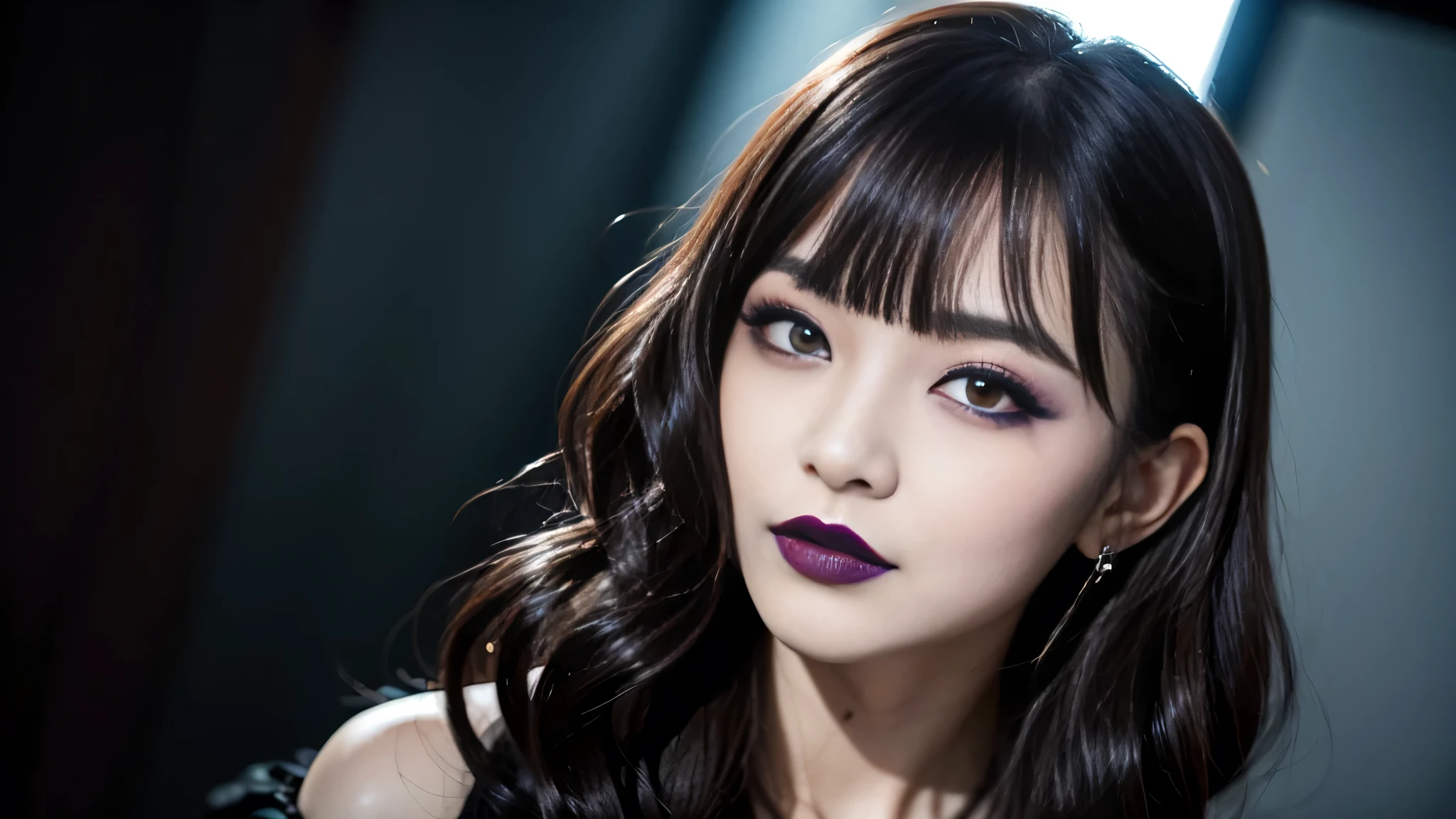 best quality、ultra-detailed、4k、Japanese、Seductive beauty、seductive adult woman、Pretty Woman、cool girl、Villainess、Brainwashed、brainwash、Fallen into evil、smirk、Evil look、Wicked Smile、evil、Brown hair、wavy hair、swept bangs、dark makeup、dark makeup、piercing eyes、hollow eyes,half-closed eyes、Hollow Eyes、purple Eyeshadow、black lipstick、black lipglos、night、inside darkroom、Are standing、shoot from below、Have lipstick、pantyhose、Emblem of Evil、Crest of Darkness、Swear allegiance、I have pledged my allegiance、Dye black、Blackening、Stained with evil、Dyed in darkness、Seduce