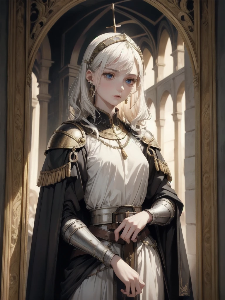 full body, Joan of Arc, absurdres, RAW photo, extremely delicate and beautiful, masterpiece, Best Quality, ultra high resolution, 32k, hyperrealistic, ultra-detailed, perfect figure, detailed description, pale skin, 20 years old, detailed beautiful face and eyes, tearful mole, earring, short medium hair, wavy hair,