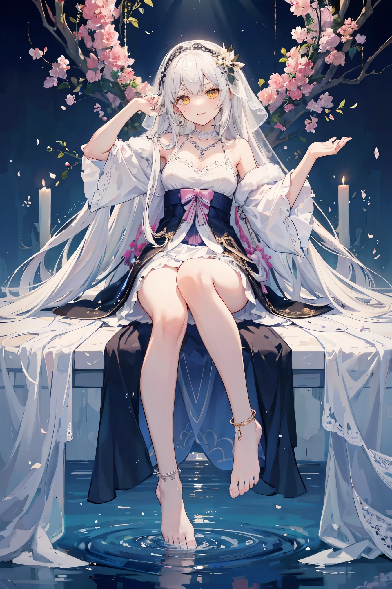 1 girl, alone, with long hair, flowers, high legs, yellow eyes, white high legs, water, looking at the audience, tree, sitting, bare shoulders, bare feet, branches, very long hair, yes, reflection, veil, bangs, skirt, off shoulder, jewelry, smile, white hair, full body, long sleeves, thighs, wide sleeves, necklace, fur trim, knees up, night, feet, white dress, pink flower, anklet, mouth open, raise hands, hair accessories, ripples