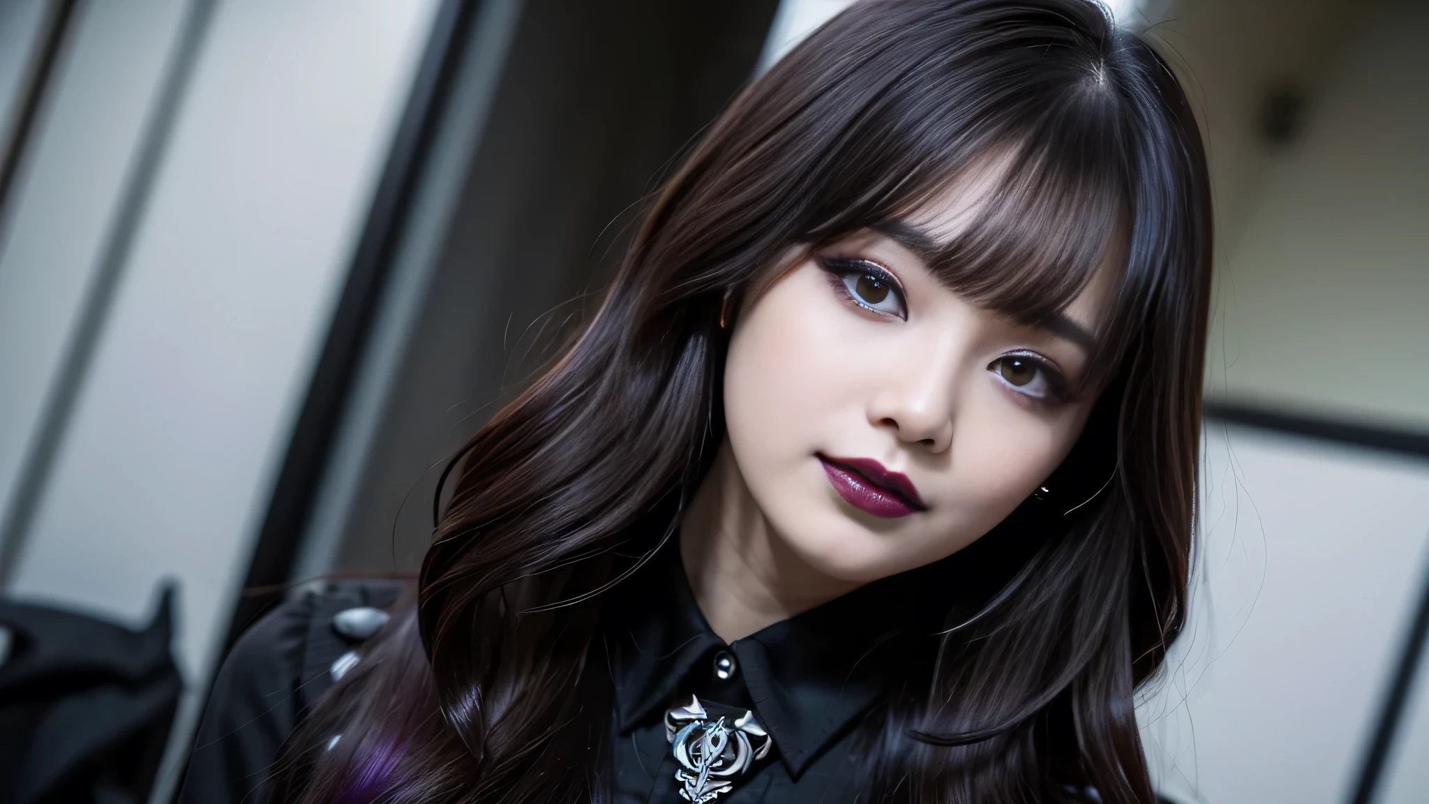 best quality、ultra-detailed、4k、Japanese、Seductive beauty、seductive adult woman、Pretty Woman、cool girl、Villainess、Brainwashed、brainwash、Fallen into evil、smirk、Evil look、Wicked Smile、evil、Brown hair、wavy hair、swept bangs、dark makeup、dark makeup、piercing eyes、hollow eyes,half-closed eyes、Hollow Eyes、purple Eyeshadow、black lipstick、black lipglos、night、inside darkroom、Are standing、shoot from below、Have lipstick、pantyhose、Emblem of Evil、Crest of Darkness、Swear allegiance、I have pledged my allegiance、Dye black、Blackening、Stained with evil、Dyed in darkness、Seduce