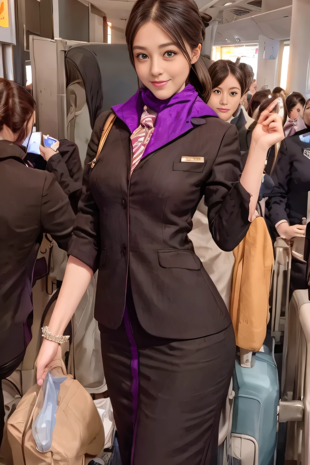 (masterpiece:1.2、highest quality:1.2)、32K HDR、High resolution、(alone、1 girl、Slim figure)、(A realistic reproduction of the ETIHAD Airways Cabincrew Uniform)、 (At the airport counter, Professional Lighting)、A proper woman, Beautiful Face,、(Long sleeve ETIHAD Airways Cabincrew Uniform)、(ETIHAD Airways Cabincrew Uniform skirt with purple stripe on the front)、(scarf on chest)、Big Breasts、(Long Hair Up、Hair Bun)、Dark brown hair、Long Shot、((Great hands:2.0))、((Harmonious body proportions:1.5))、((Normal limbs:2.0))、((Normal finger:2.0))、((Delicate eyes:2.0))、((Normal eyes:2.0)))、Beautiful standing posture、smile