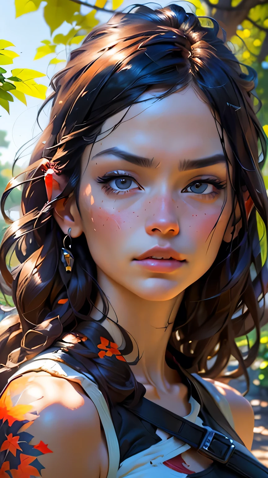 close, Beautiful woman in samdoesarts style, In a park full of orange leaves , Jeremy Mann, By Sandra Chevrier, Dave McCain、Richard Avedon、Maciej Kuciara, White tank top and jeans, Detailed, 8k, masterpiece, 最high quality, high quality, High resolution, In a park full of orange leaves, (((Face close-up)))､Super big 
