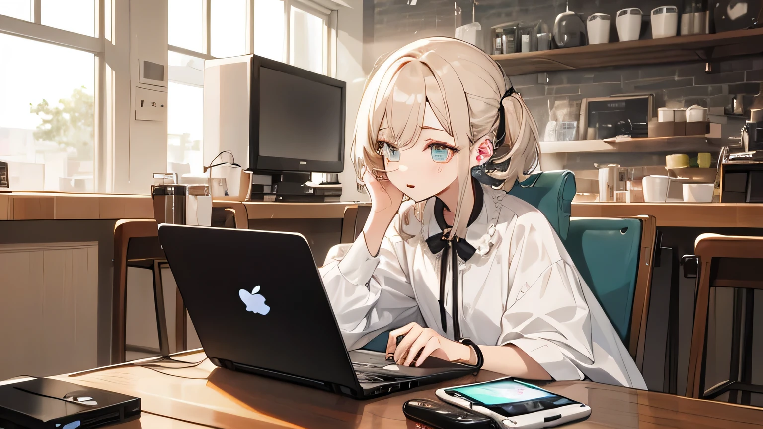 iPod,Wearing wireless earphones,Laptop,View Monitor,Cute older sister,remote,Cafe