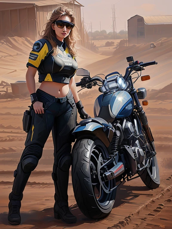 8k, painting of a woman standing next to a motorcycle in a dirt field, photo of a motorcyclist, in digital illustration style, digital oil painting with airbrush, in the style of Digital Painting, drawn with photoshop, in painting style oil, digital painting, #1 digital painting of all time, #1 digital painting of all time, digital art picture, Oil painting style