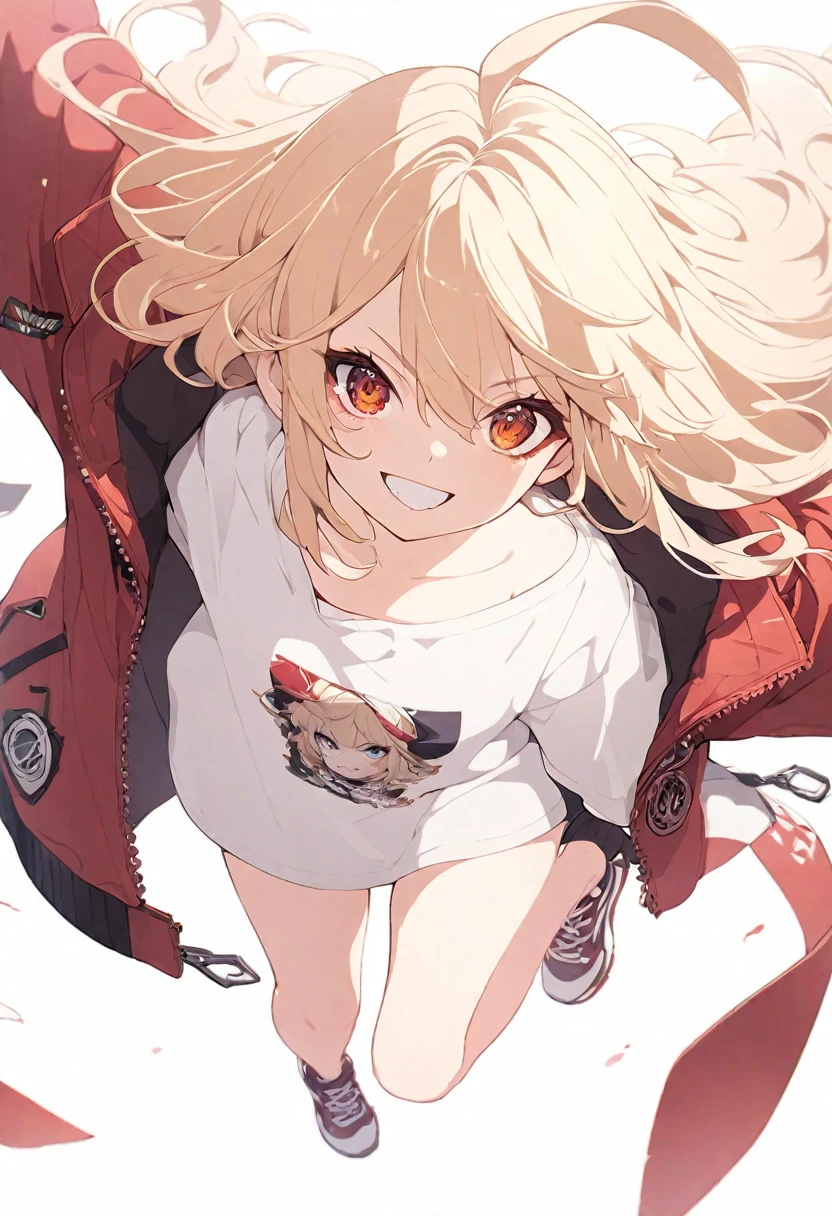 (muste piece), (best quality), very detailed eyes, expressive eyes, perfect face, very detailed face, highly detailed face, beautiful girl, (solo full body shot:1.3), Extremely exquisite and beautiful two-dimensional exquisite painting style, Extremely delicate and delicate, 8K high quality, CG wallpaper, HD, Front view, character portrait, Full body composition, (pure white background background),
1 girl, vtuber style, blond middle hair, blond straight hair, small ahoge, amber eyes, sharp eyes, sharp gaze, hair between eyes, yaeba, Yae Teeth, plain white t-shirt, oversize T-shirt, red jacket, unzipped jacket, small chest, cropped shoulders, clavicle, grin, bare feet, chest visible through clothes, sneakers, full body, looking at viewer, standing, white background,