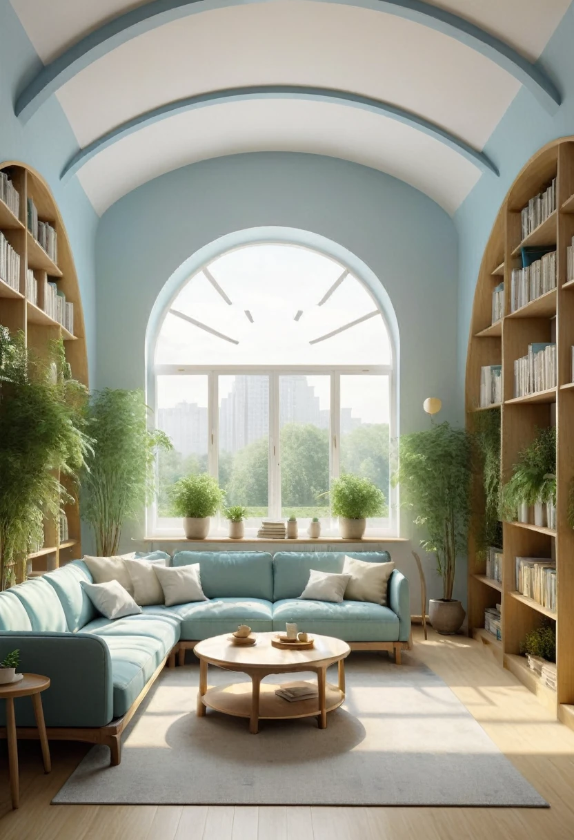 The warm Nordic-style room is decorated with light blue, white, and light yellow as the main colors. Chinese-style wooden arc-shaped bookshelves are lined with green plants, Nordic brown sofas, coffee tables, showing ultra-high-definition image effects under natural light. The huge floor-to-ceiling windows with a fresh and bright background overlook the central axis of the modern city. They are designed using software such as Blender, Octane Renderer, and C4D.