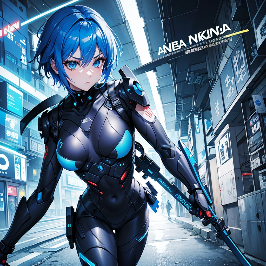 cute ninja cyborg girl,cyberpunk,cyborg suit with blue neon highlight,old hongkong city,short hair,blue eyes,with long swoad