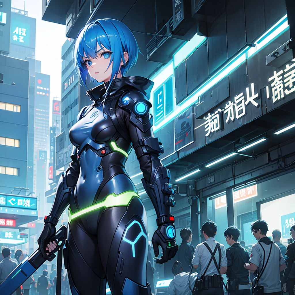 cute ninja cyborg girl,cyberpunk,cyborg suit with blue neon highlight,old hongkong city,short hair,blue eyes,with long swoad