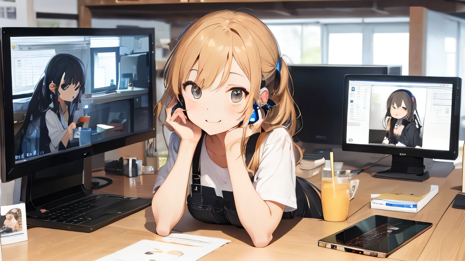 iPods,Wearing wireless earphones,laptop,View Monitor,Cute older sister,remote,Cafe