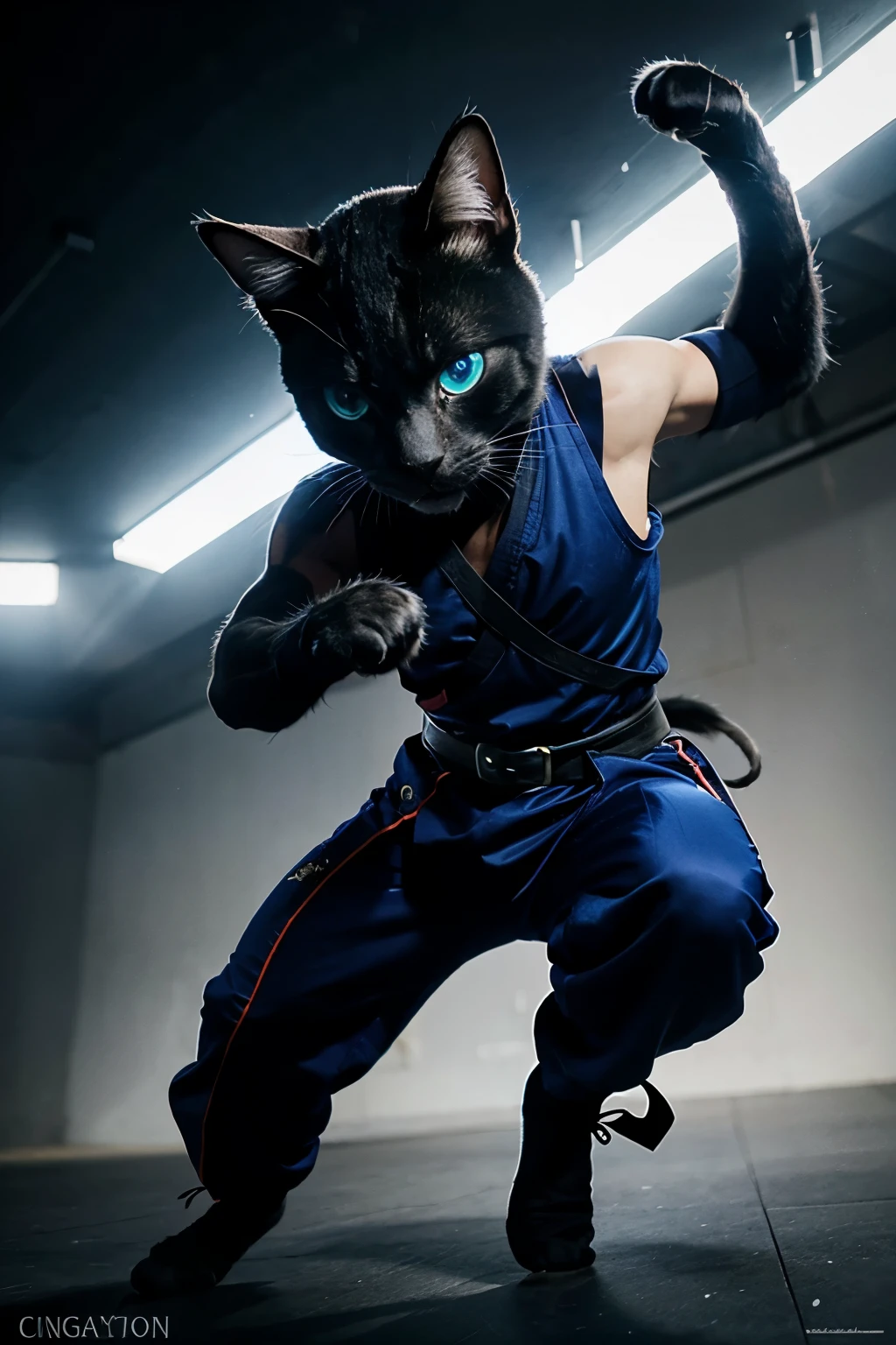 Draw a ninja fighter cat with blue eyes