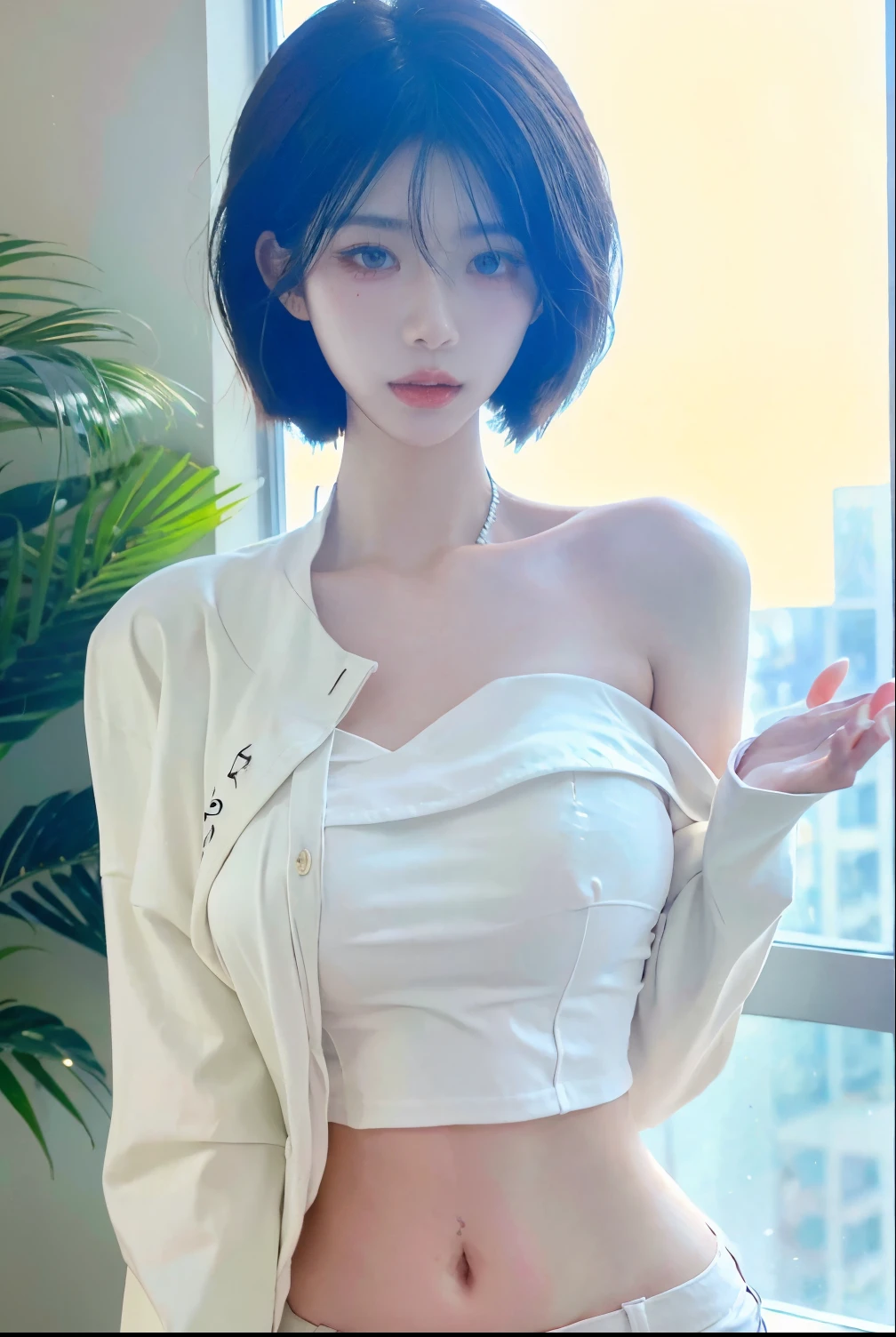 Beautiful woman with perfect body：1.4，layered hairstyle，prominent cleavage，bikini：1.5，ultra short pleated skirt，whole body，Highly detailed facial and skin textures，double eyelids，whiten skin，long white hair
