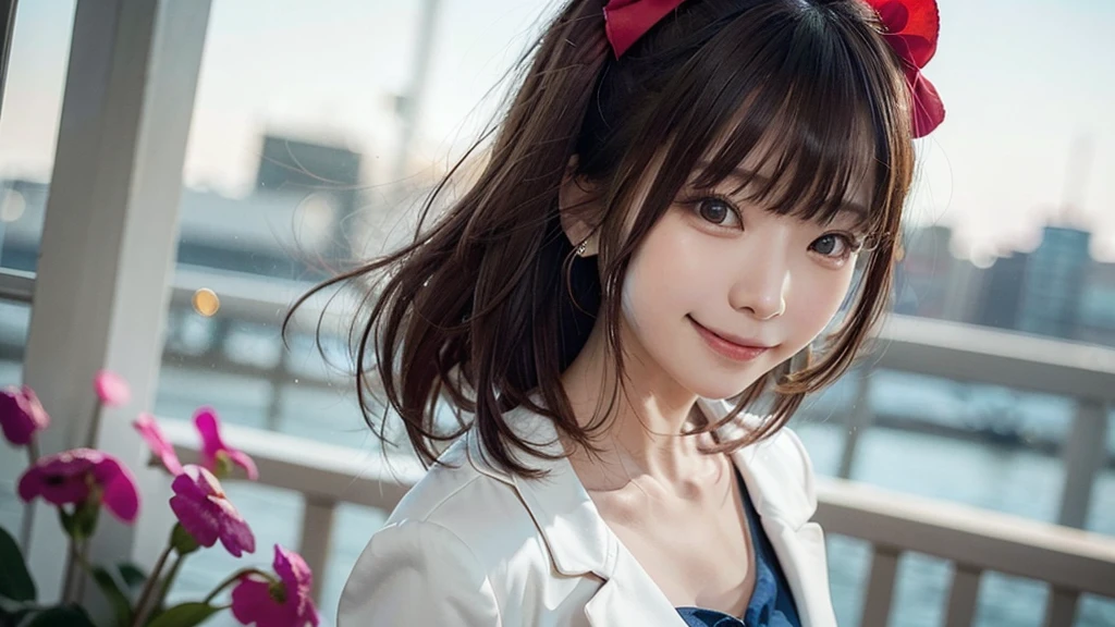 (Dynamic Angle:1.3),Extreme close up,((the wind is strong)),映画ofハイライト,1人of女of子,Upper Body,dancing,View your viewers, ((丘of上で, alone)), jewelry, blank eyes,brooch, 茶hair,( 長いhair:1.2),floating hairlong_sleeve, ribbon, Jacket, dress, gem, hair_ribbon,null, depth_of_Field, a close view of flying petal,Smiling face,((wince))