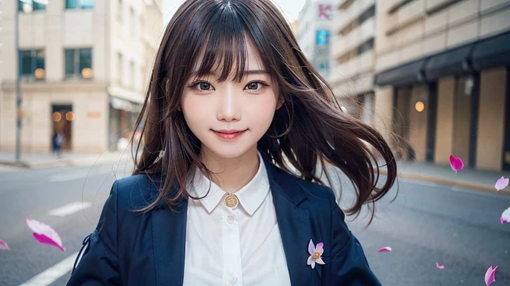 (Dynamic Angle:1.3),Extreme close up,((the wind is strong)),映画ofハイライト,1人of女of子,Upper Body,dancing,View your viewers, ((丘of上で, alone)), jewelry, blank eyes,brooch, 茶hair,( 長いhair:1.2),floating hairlong_sleeve, ribbon, Jacket, dress, gem, hair_ribbon,null, depth_of_Field, a close view of flying petal,Smiling face,((wince))