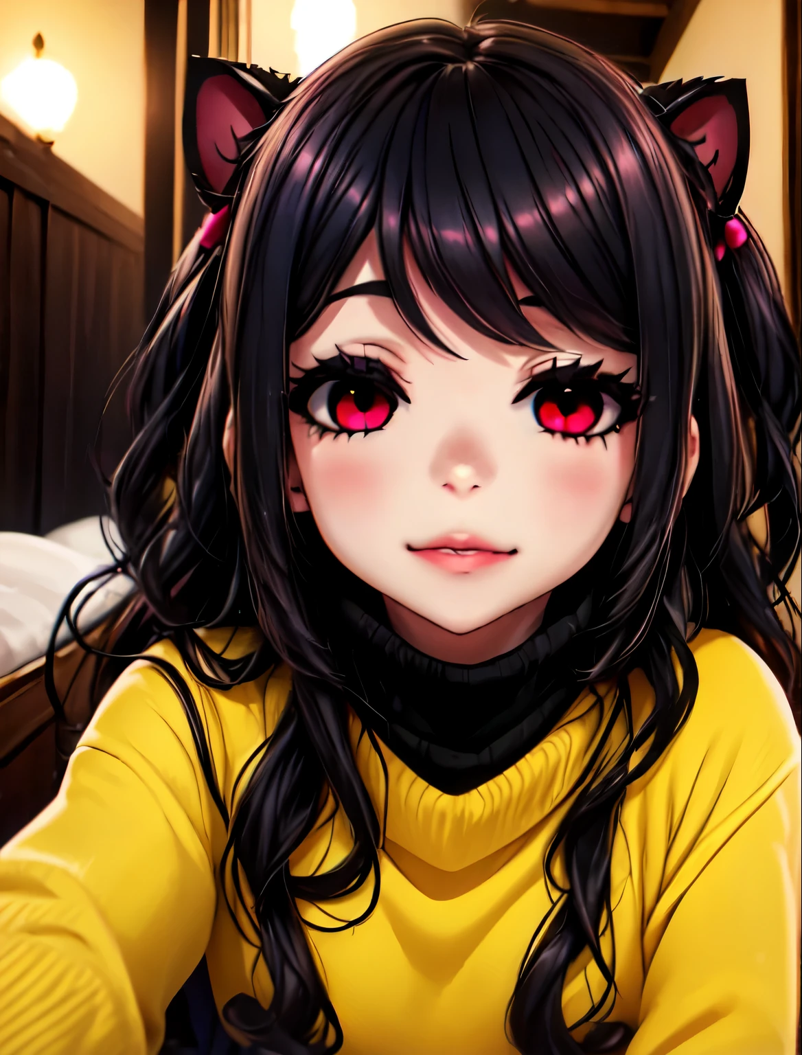 ((junkotvv))mejor calidad, obra maestra, high resolution, detallado, obra de arte digital, EikoHozuki, Pelo negro, yandere, sonrisa malvada, horror \(tema\), yellow sweater, turtleneck, al aire libre, (sosteniendo el cuchillo), ojos oscuros, oscuridad, aura oscura, (((empty eyes))), (guantes rosas),