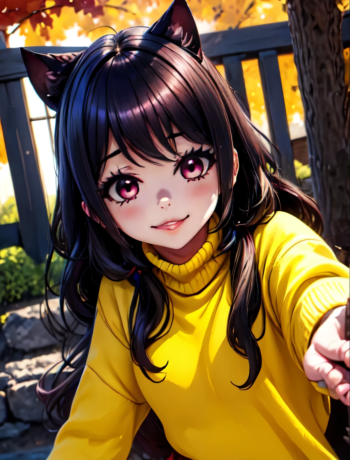 ((junkotvv))mejor calidad, obra maestra, high resolution, detallado, obra de arte digital, EikoHozuki, Pelo negro, yandere, sonrisa malvada, horror \(tema\), yellow sweater, turtleneck, al aire libre, (sosteniendo el cuchillo), ojos oscuros, oscuridad, aura oscura, (((empty eyes))), (guantes rosas),