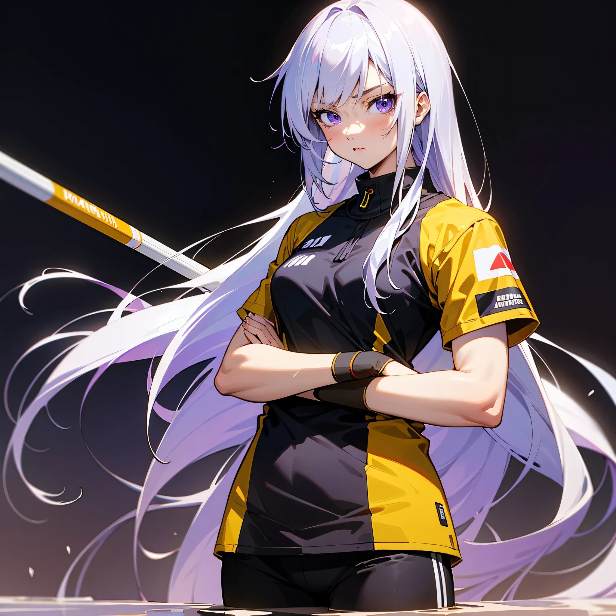 : woman with silver hair, purple eyes, wearing a black motocross uniform, on a clay and mud track, muscular, standing with her arms crossed, just a woman.( Kawai realistik anime mix)lota ak-15,high quality,anime art,aesthethic art,best detailed