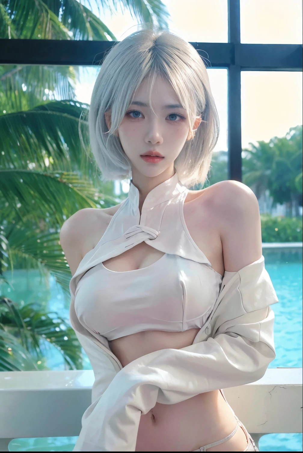 Beautiful woman with perfect body：1.4，layered hairstyle，prominent cleavage，bikini：1.5，ultra short pleated skirt，whole body，Highly detailed facial and skin textures，double eyelids，whiten skin，long white hair