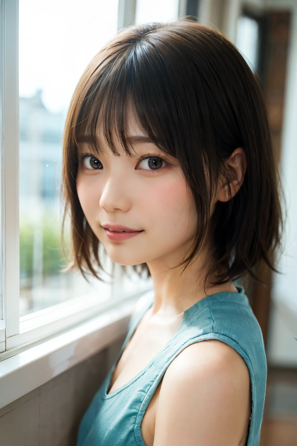 There is a woman taking a picture by the window, Short hair, With bangsのshortヘア, Short brown hair with bangs, Chiho, shortヘア, ジェルを使ったshortヘア, short~Medium Hair, Bobcut, With bangs, Neat hairstyle with bangs, ミディアムshortヘア, Hime cut, 白Hime cutヘアスタイル