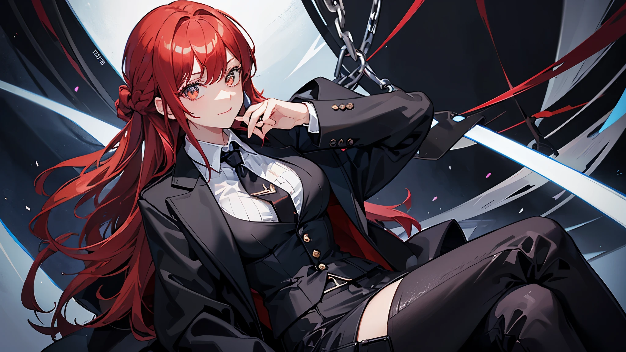 1girl, bangs, black jacket, black necktie, black pants, braid, braided ponytail, breasts, business suit, chain, collared shirt, crossed legs, formal, glowing, glowing eyes, jacket, jacket on shoulders, long hair, long sleeves, looking at viewer, makima \(chainsaw man\), medium breasts, necktie, office lady, pants, red hair, ringed eyes, shirt, sitting, smile, solo, suit, white shirt, yellow eyes