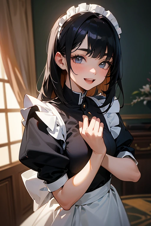 (Highest Resolution, clear_image) highest quality, Single person, One woman, alone, masterpiece, Very detailed, Semi-realistic, Black Hairのショートヘア, Black Hair, bangs, 18-year-old, mature, light blue uniform, uniform, Indoor Background, kind, Authoritative, Powerful, exquisite features, exquisite features、Eyelashes become longer、Showing teeth、smile😀、Maid clothes、woman'Fingers in the、Sleeping on the sofa、Long Hair、Fluttering in the wind、I'm cleaning、