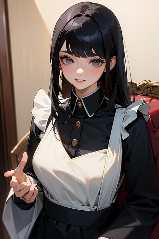 (Highest Resolution, clear_image) highest quality, Single person, One woman, alone, masterpiece, Very detailed, Semi-realistic, Black Hairのショートヘア, Black Hair, bangs, 18-year-old, mature, light blue uniform, uniform, Indoor Background, kind, Authoritative, Powerful, exquisite features, exquisite features、Eyelashes become longer、Showing teeth、smile😀、Maid clothes、woman&#39;Fingers in the、Sleeping on the sofa、Long Hair、Fluttering in the wind、I'm cleaning、