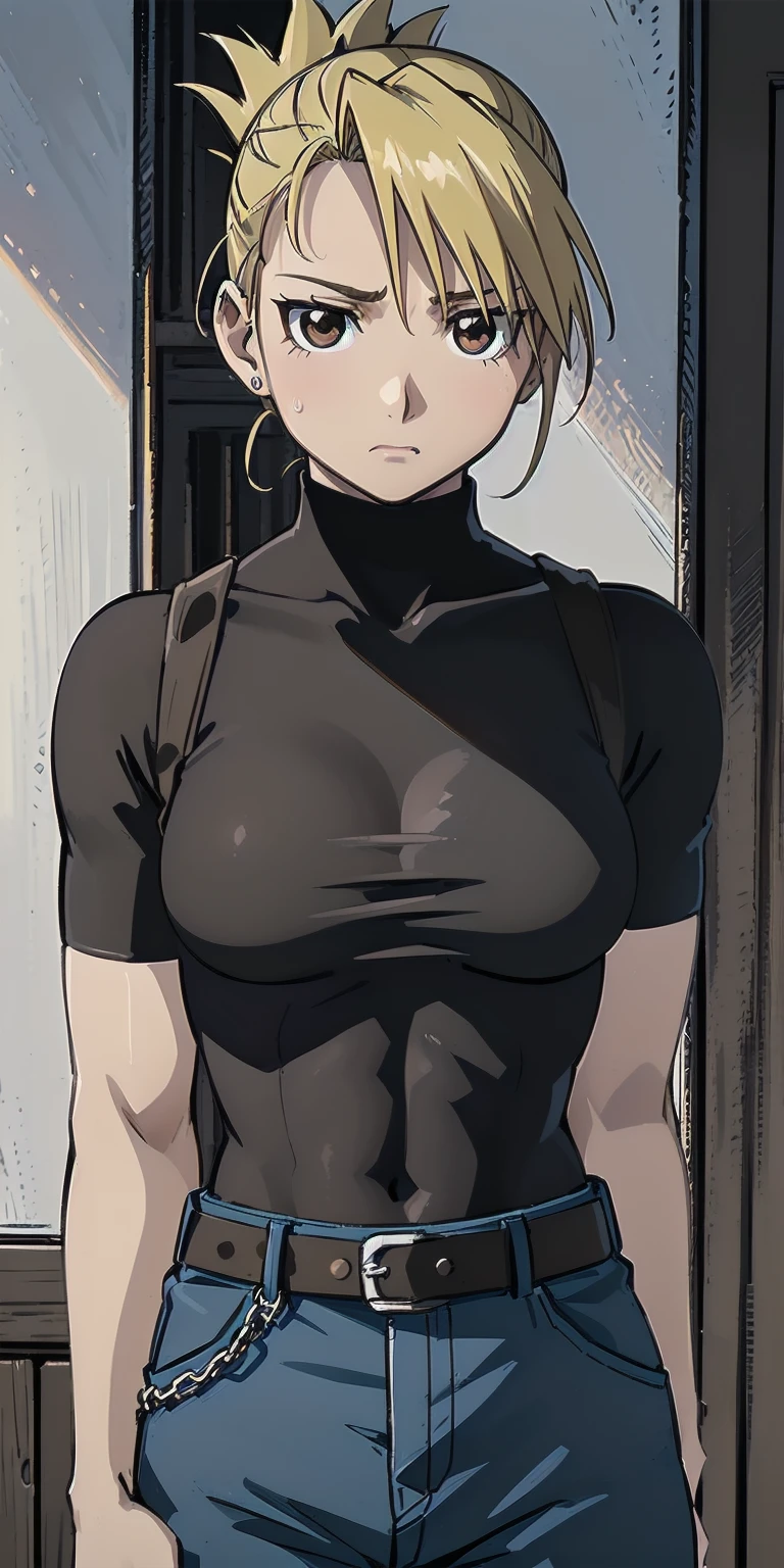 masterpiece, highest quality, High resolution, One Girl, Hamriz, ponytail, Brown eyes,big , Black Shirt, Tight shirt, holster, Short sleeve, belt, Covered navel, Blue pants,indoor、Upper body close-up、Muscular body、blush、Sweat、Composition from the front、anime、((cute、Stand in front、Look forward))