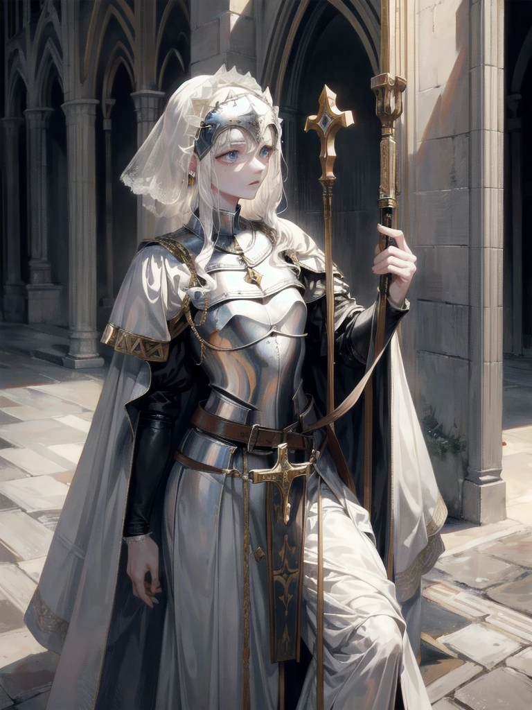 full body, Joan of Arc, absurdres, RAW photo, extremely delicate and beautiful, masterpiece, Best Quality, ultra high resolution, 32k, hyperrealistic, ultra-detailed, perfect figure, detailed description, pale skin, 20 years old, detailed beautiful face and eyes, tearful mole, earring, short medium hair, wavy hair,