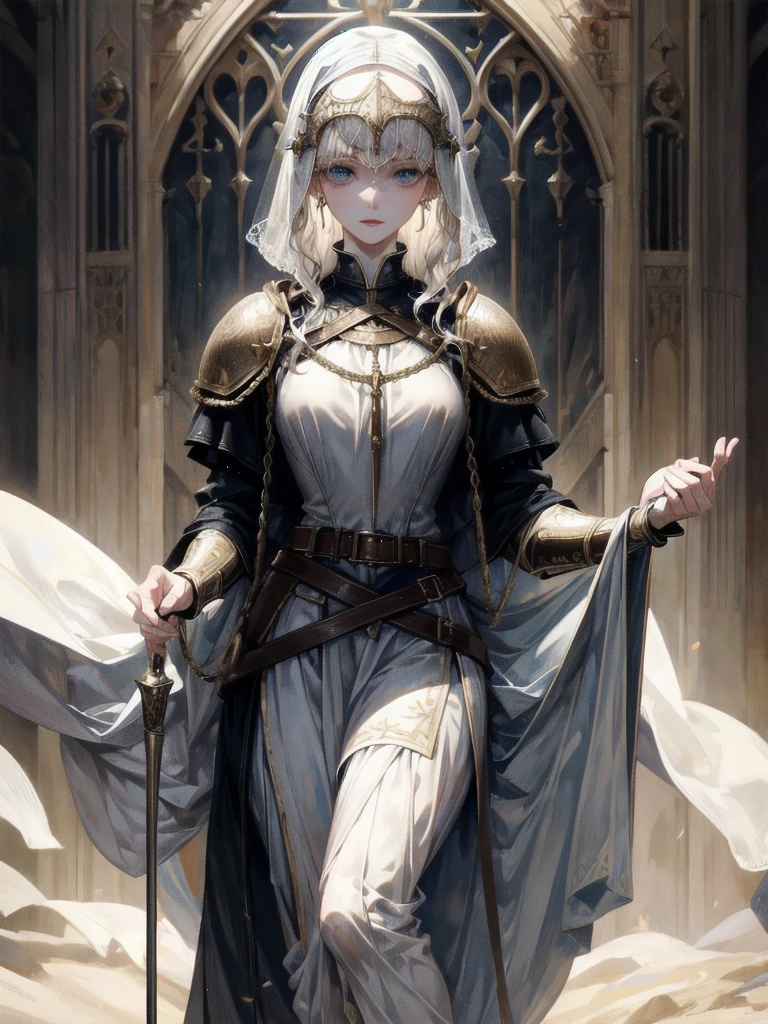 full body, Joan of Arc, absurdres, RAW photo, extremely delicate and beautiful, masterpiece, Best Quality, ultra high resolution, 32k, hyperrealistic, ultra-detailed, perfect figure, detailed description, pale skin, 20 years old, detailed beautiful face and eyes, tearful mole, earring, short medium hair, wavy hair, 