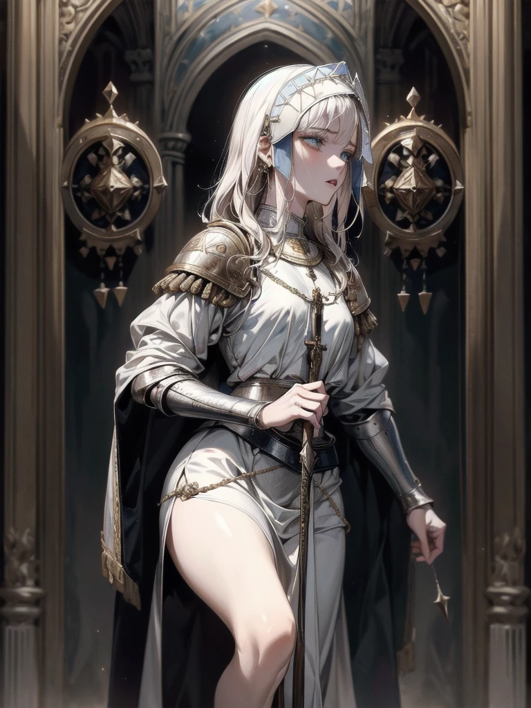 full body, Joan of Arc, absurdres, RAW photo, extremely delicate and beautiful, masterpiece, Best Quality, ultra high resolution, 32k, hyperrealistic, ultra-detailed, perfect figure, detailed description, pale skin, 20 years old, detailed beautiful face and eyes, tearful mole, earring, short medium hair, wavy hair,