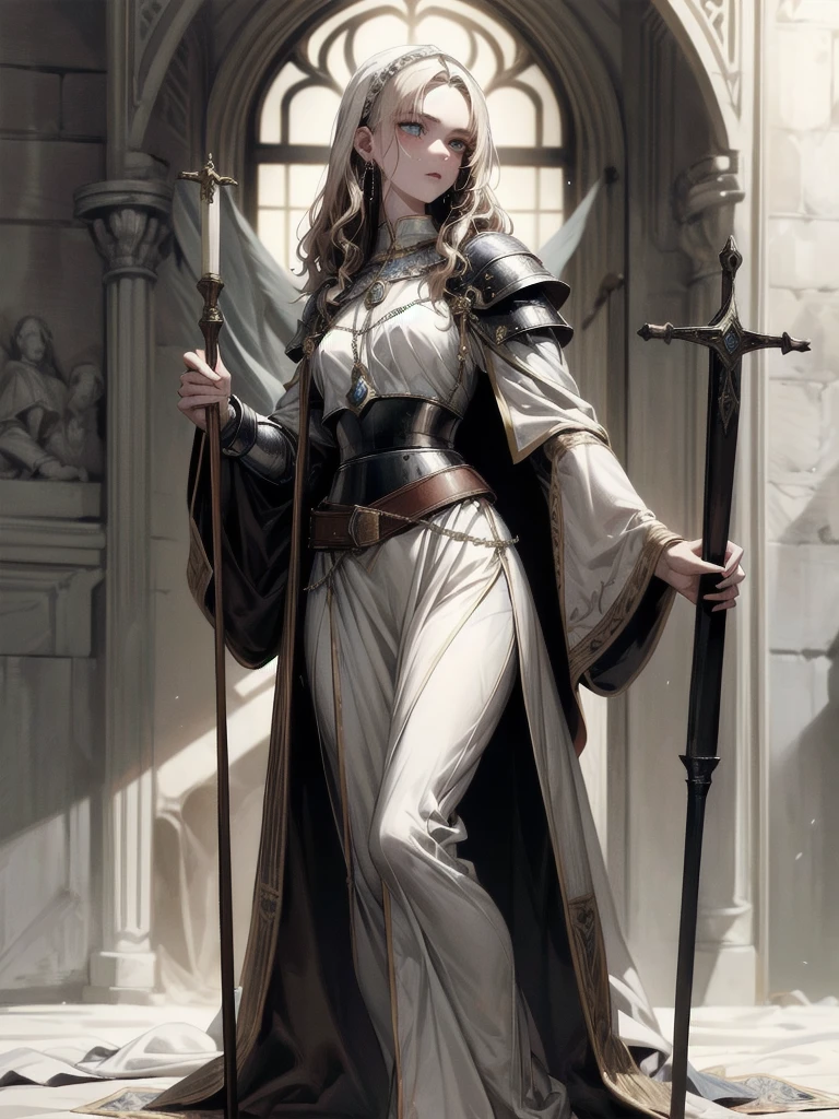 full body, Joan of Arc, absurdres, RAW photo, extremely delicate and beautiful, masterpiece, Best Quality, ultra high resolution, 32k, hyperrealistic, ultra-detailed, perfect figure, detailed description, pale skin, 20 years old, detailed beautiful face and eyes, tearful mole, earring, short medium hair, wavy hair,