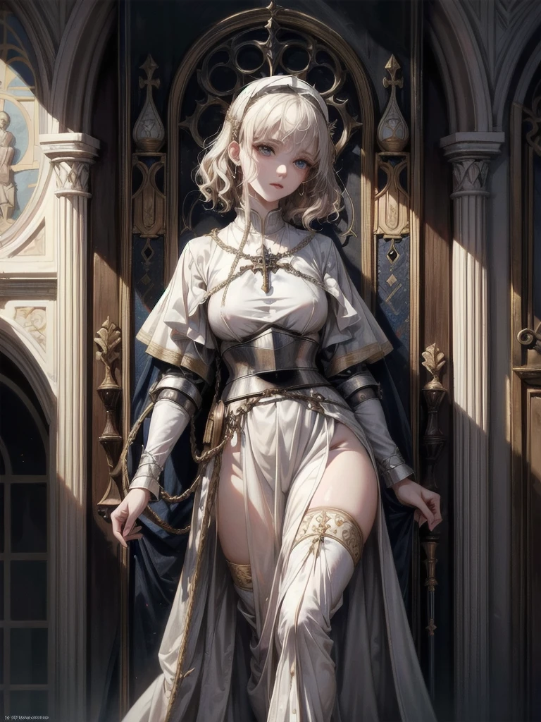 full body, Joan of Arc, absurdres, RAW photo, extremely delicate and beautiful, masterpiece, Best Quality, ultra high resolution, 32k, hyperrealistic, ultra-detailed, perfect figure, detailed description, pale skin, 20 years old, detailed beautiful face and eyes, tearful mole, earring, short medium hair, wavy hair, 