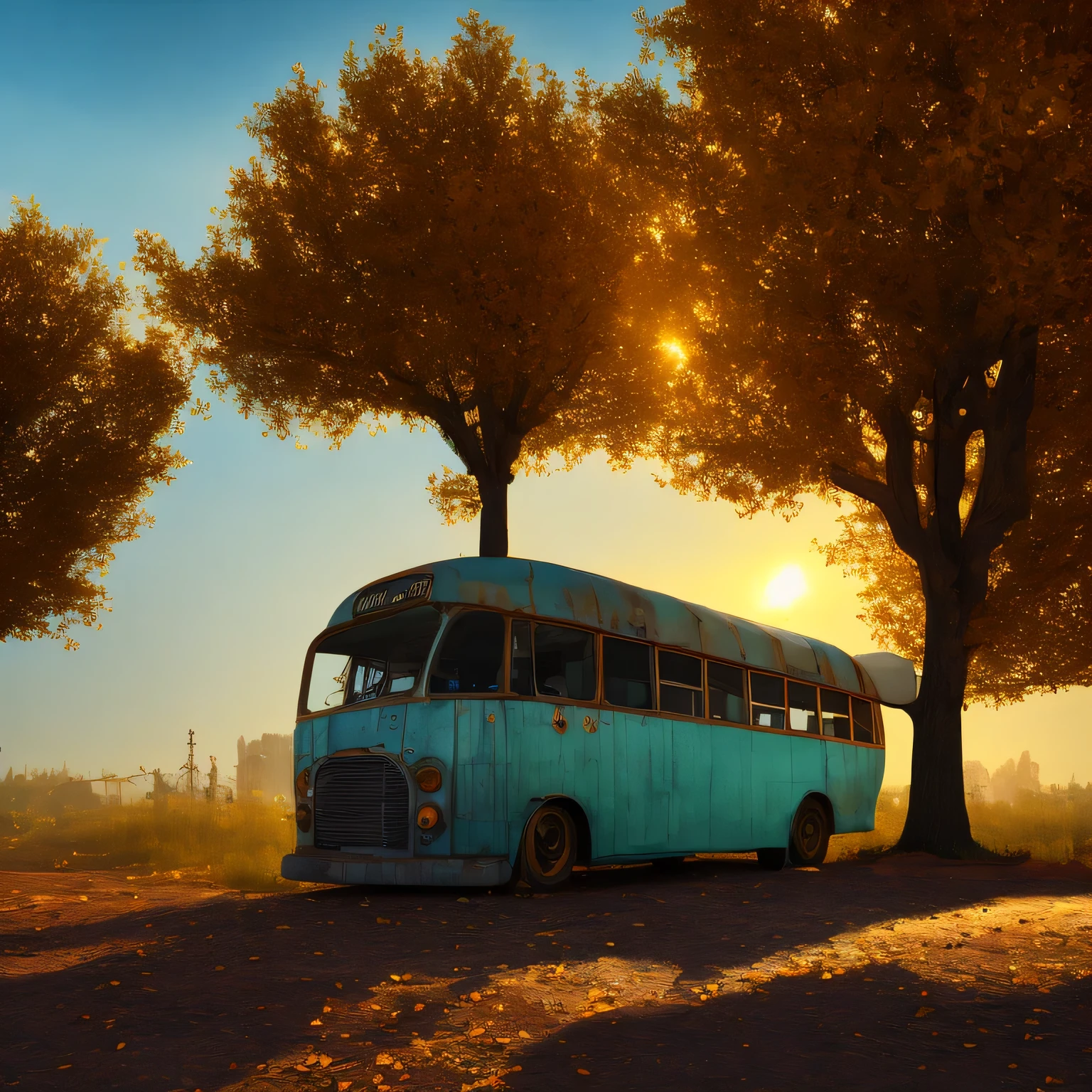 rusty bus with ice cream on top in front of abandoned building, in the art style of filip hodas, by Filip Hodas, inspired by Filip Hodas, alexey egorov, highly detailed hyper real retro, greg rutkowski. octane render, bussiere rutkowski andreas rocha, rendered in cinema 4 d octane,there is a tree with apples and a lot of gold balls, golden sacred tree, golden apple, glowing pumpkins under a tree, magic tree, magical tree, tree of life seed of doubt, gold ethereal light, fantasy tree, golden glow, rich tree, radiating golden light, gold light, dramatic golden light, golden heavenly lights, fairy fruit. octane render