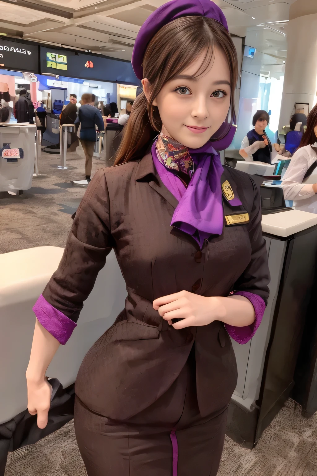 (masterpiece:1.2、highest quality:1.2)、32K HDR、High resolution、(alone、1 girl、Slim figure)、(A realistic reproduction of the ETIHAD Airways Cabincrew Uniform)、 (At the airport counter, Professional Lighting)、A proper woman, Beautiful Face,、(Long sleeve ETIHAD Airways Cabincrew Uniform)、(ETIHAD Airways Cabincrew Uniform skirt with purple stripe on the front)、(scarf on chest)、Big Breasts、(Long Hair Up、Hair Bun)、Dark brown hair、Long Shot、((Great hands:2.0))、((Harmonious body proportions:1.5))、((Normal limbs:2.0))、((Normal finger:2.0))、((Delicate eyes:2.0))、((Normal eyes:2.0)))、Beautiful standing posture、smile
