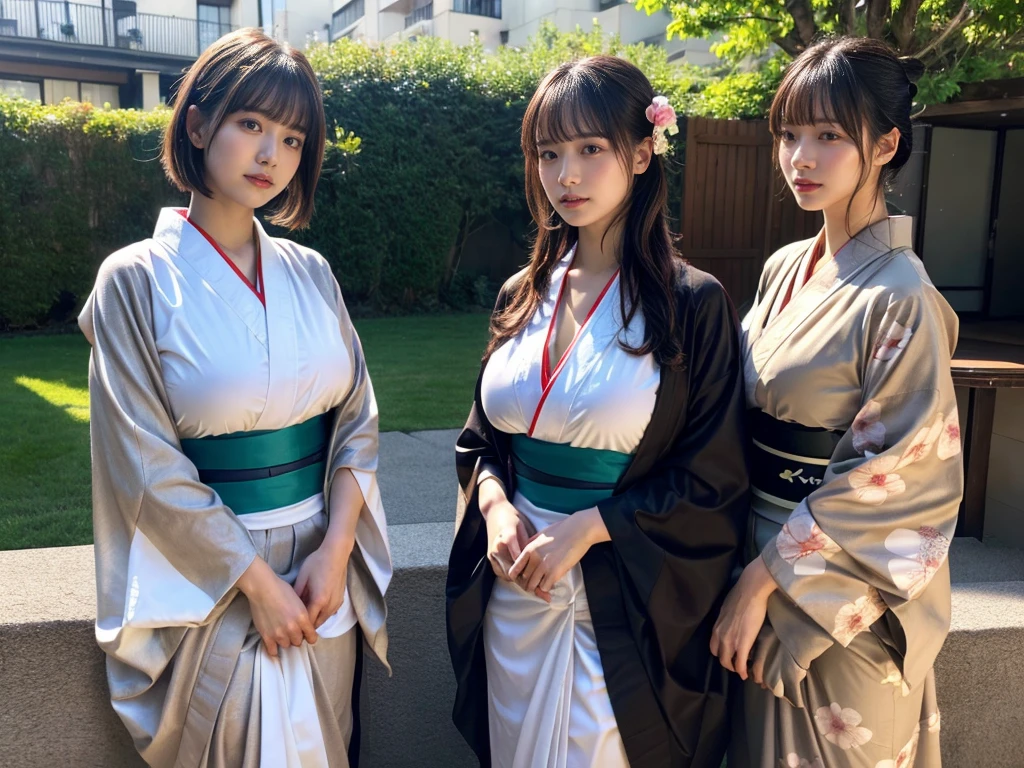 (RAW photo, 4k, masterpiece, high resolution, extremely complex) (realistic: 1.4), cinematic lighting
((2 girls)),Slam Dunk's,blushing,((innocent)),(Dark makeup),bright eyes,round eyes,blunt bangs,(straight hair:1.3),black hair,large breasts,wide hips,Summer Noon, 20 year old girl、cute type、lolita,Hot, (Best Quality), (Highres), (an Extremely Delicate and Beautiful),(Beautiful 8k face),(Brown eyes),short bob hair,( spectators),(large breasts),(Play with each other,Touching each other's bodies,Touching the body),((idol, kimono:1.3)),(reality),bright lighting,(The background is a luxury hotel room)