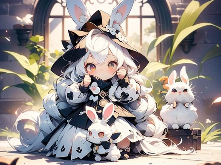 1girl\((chibi:1.6),cute,kawaii,small kid,(white hair:1.4),(very long hair:1.6),bangs,(ear\(fluffy,white,rabbit-ear\):1.4),red eye,big eye,beautiful shiny eye,skin color white,big hairbow,(white frilled dress:1.3),breast,slightly surprised,dynamic angle\),forest,dappled sunlight,quality\(8k,wallpaper of extremely detailed CG unit, ​masterpiece,hight resolution,top-quality,top-quality real texture skin,hyper realisitic,increase the resolution,RAW photos,best qualtiy,highly detailed,the wallpaper,golden ratio\),many rabbits