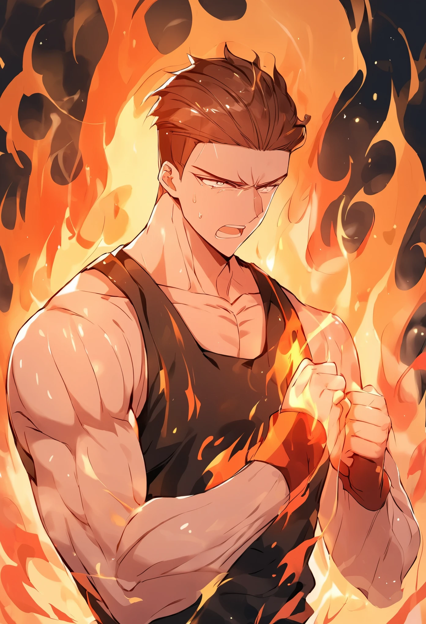 boy,Male focus,solo,Brown hair,muscle发达,fire,muscle,Black vest,Upper Body,short hair,Clenched hands,Emphasize the lines,cry,solo,