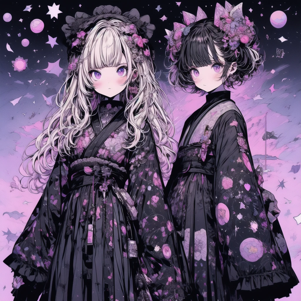 highest quality、starの妖精、Masterpiece、Official Art、The best composition、Standing in front of the viewer、vtuber-fullbody、A Gothic Lolita yukata made from a remade kimono with a short length and frilled hem.、universe柄、universe、Milky Way、star、流star群、