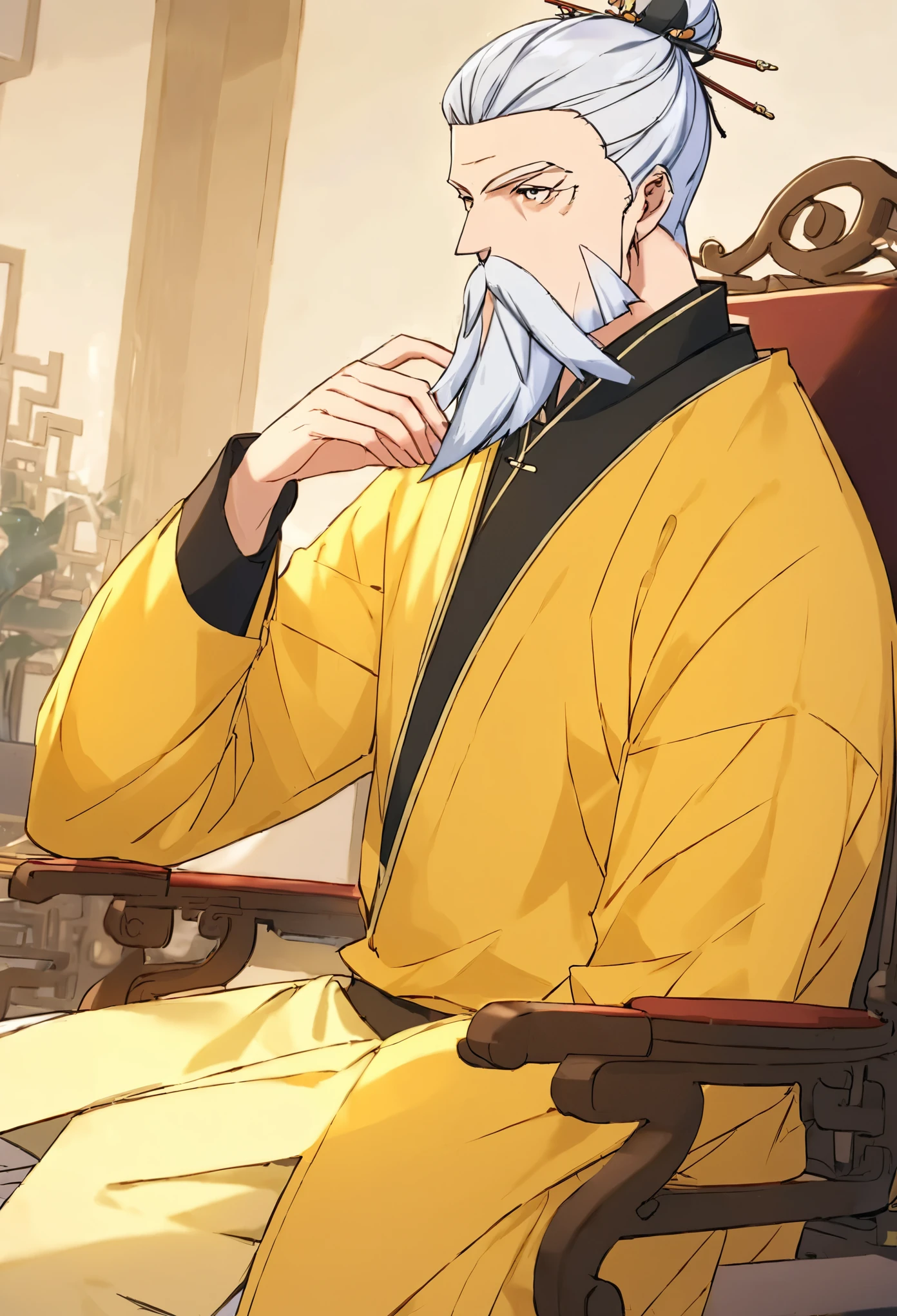 solo,Male Focus,Facial hair,elder,beard,elder,单Hair Bun,Hair stick,Moustache,Hair Bun,White hair,Hair accessories,White hair,Long sleeve,Yellow robe,Sitting,Chair,