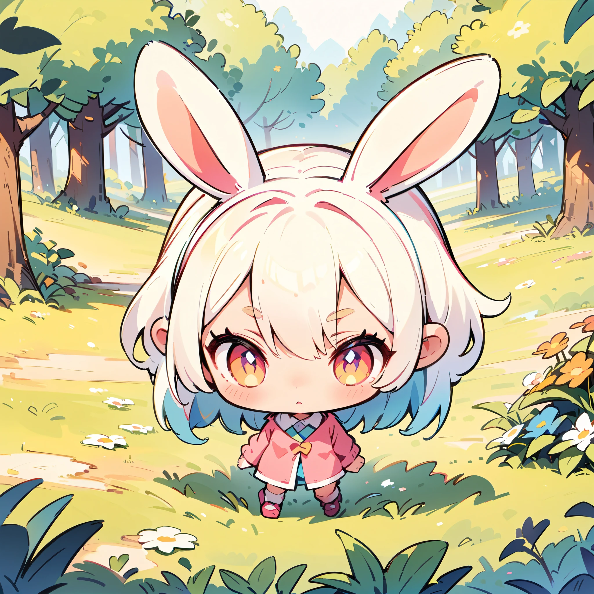 A rabbit-like person, Cute bunny woman, alone, Little, Deformation, 2 heads, Full body view, Focus on the ears, Forest and spring background, Hand-drawn illustrations.