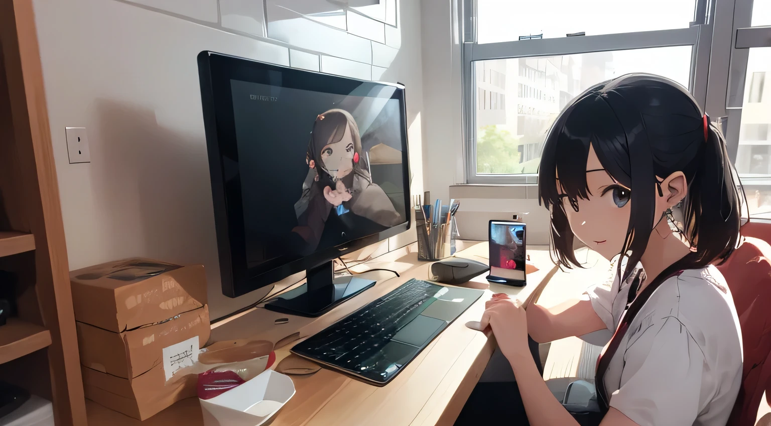 iPod,Wearing wireless earphones,Laptop,View Monitor,Cute older sister,remote,Cafe