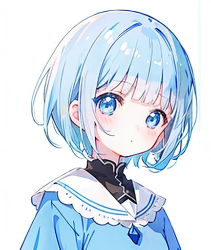 One girl, (pale blue hair, Short Hair, Blunt bangs, blue eyes, Round Spec), White Background, Simple Background,  translation_version, Little, Little version of anime girl