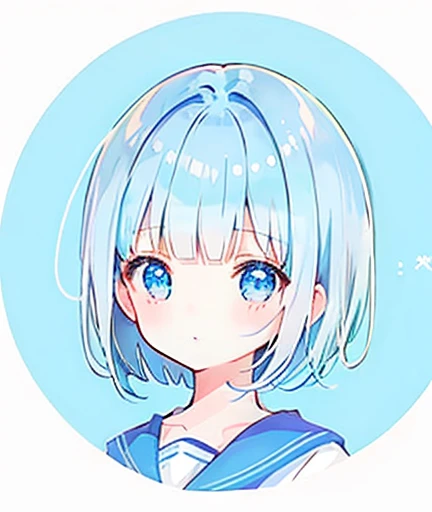 One girl, (pale blue hair, Short Hair, Blunt bangs, blue eyes, Round Spec), White Background, Simple Background,  translation_version, Little, Little version of anime girl